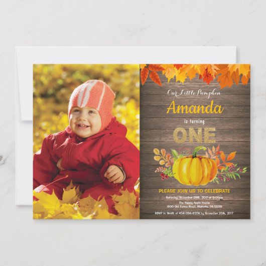 Rustikales Pumpkin Fall Erster Geburtstag Gold Einladung (Vorderseite)
