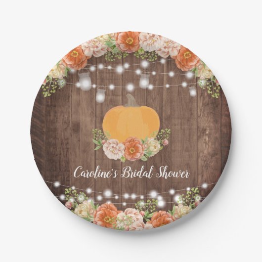 Rustikales Pumpkin Fall Floral Brautparty Pappteller (Vorderseite)