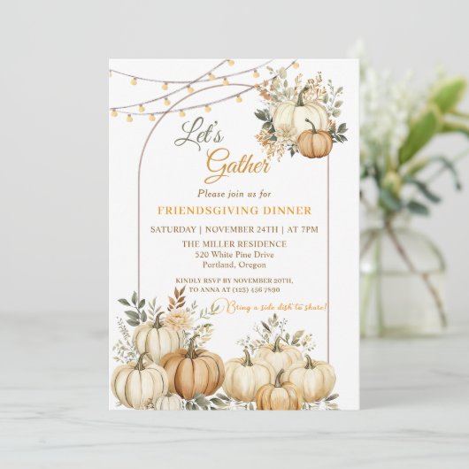 Rustikales Pumpkin Fall Floral Erntedank Dinner Einladung (Stehend Vorderseite)