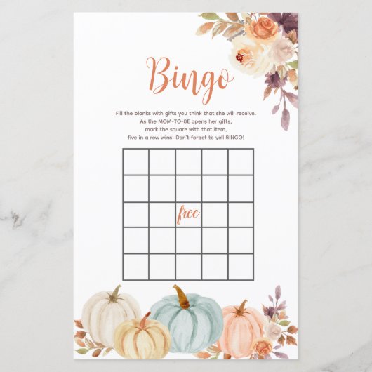 Rustikales Pumpkin Floral Watercolor Bingo Spiel (Vorderseite)