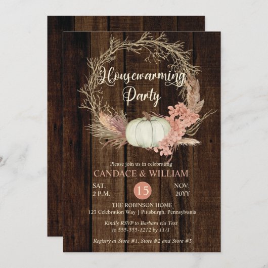 Rustikales Pumpkin Pampas Wreath Housewarming Part Einladung (Vorne/Hinten)