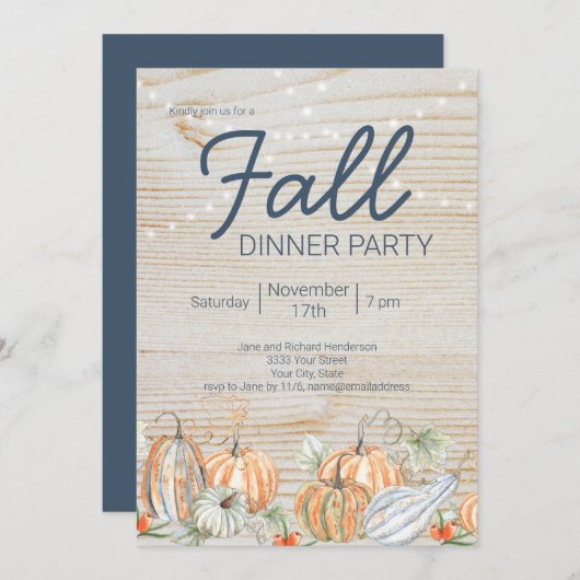 Rustikales Pumpkin String Lights Herbstessen Party Einladung (Vorne/Hinten)