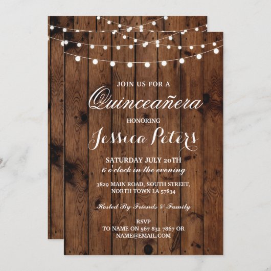 Rustikales Quinceanera Party Blumenzwiebelleuchten Einladung (Vorne/Hinten)