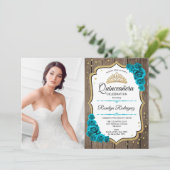 Rustikales Quinceanera Party mit Foto - Gold Aquam Einladung (Stehend Vorderseite)