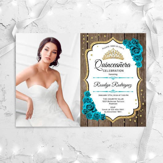 Rustikales Quinceanera Party mit Foto - Gold Aquam Einladung