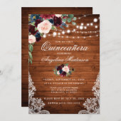 Rustikales Quinceanera Wood Burgundy Blue Floral Einladung (Vorne/Hinten)