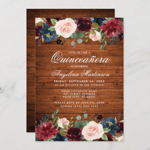 Rustikales Quinceanera Wood Burgundy Blue Pink Flo Einladung
