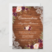 Rustikales Quinceanera Wood Lace Burgundy Floral Einladung (Vorderseite)