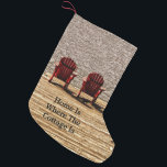 Rustikales Red Adirondack Beach Stühle Kleiner Weihnachtsstrumpf<br><div class="desc">Adirondack Liegestühle rustikale Seehouse Weihnachtsfeste Strumpf. Ideal für diejenigen, die das Leben genießen und sich im Landlager entspannen. Hütte Stil Xmas. Modernes, schicker, trendiger, einzigartiges, stilvolles, braunes Bordeaux, Stühle aus dem Ruhestand auf einem Dock-Foto. personalisiertes Design. Phrase: "Zuhause ist, wo die Hütte ist". Anpassen Sie Ihren Text nach Schriftart, Stil,...</div>