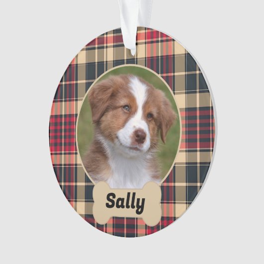 Rustikales Red and Tan Tartan Kariertes Custom Dog Ornament (Vorderseite)