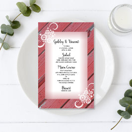 Rustikales Red Barn Wood White Blume Hochzeitsmenü
