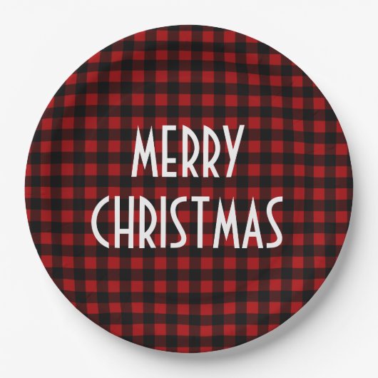 Rustikales Red & Black Buffalo Kariert Frohe Weihn Pappteller (Vorderseite)