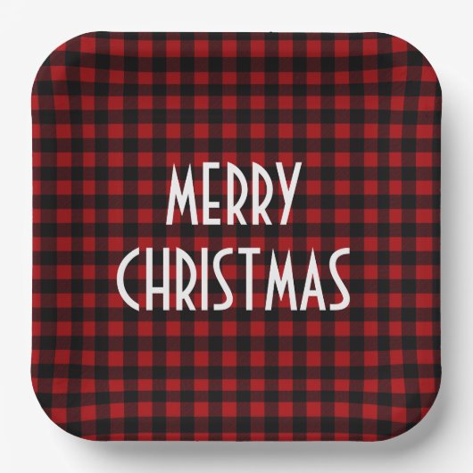 Rustikales Red & Black Buffalo Kariert Frohe Weihn Pappteller (Vorderseite)