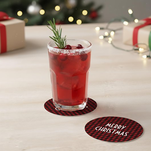 Rustikales Red & Black Buffalo Kariert Frohe Weihn Runder Pappuntersetzer