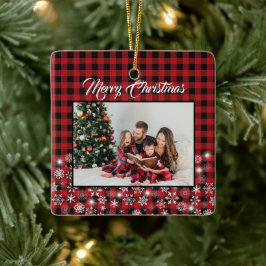 Rustikales Red Black Buffalo Kariertes Family Foto Keramikornament