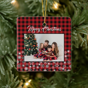 Rustikales Red Black Buffalo Kariertes Family Foto Keramikornament