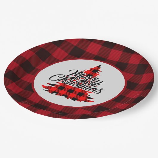 Rustikales Red Buffalo Kariert Weihnachten Pappteller (Schrägansicht)