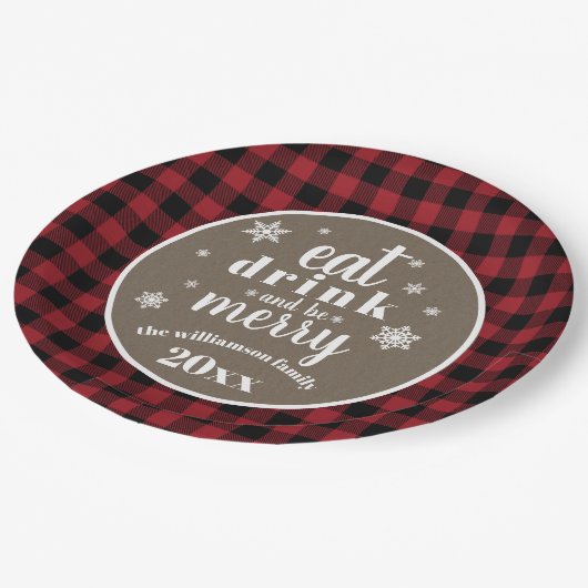 Rustikales Red Buffalo Kariert Weihnachten Pappteller (Schrägansicht)