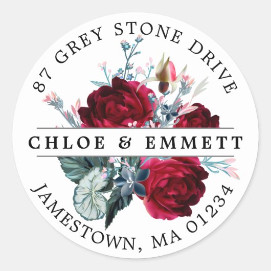 Rustikales Red Floral Return Address Label Runder Aufkleber (Vorderseite)
