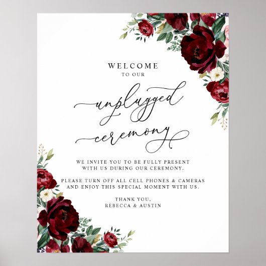Rustikales Red Floral Unplugged Zeremonie Hochzeit Poster (Vorne)