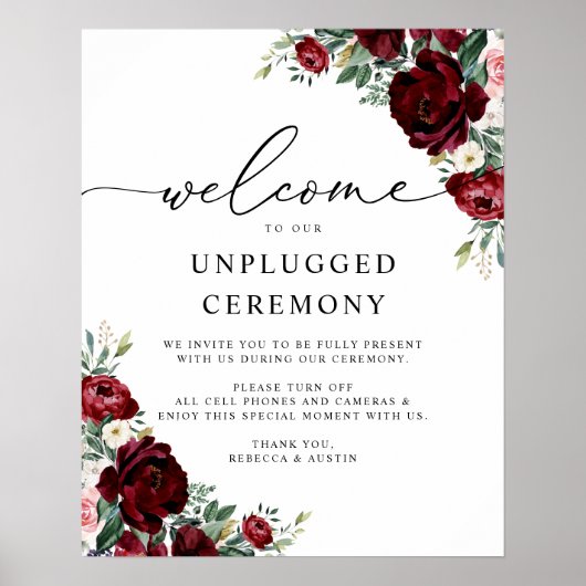 Rustikales Red Floral Wedding Unplugged Ceremony S Poster (Vorne)