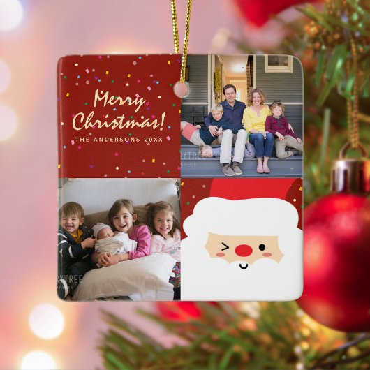 Rustikales Red & Gold Weihnachtsfest und Foto Keramikornament