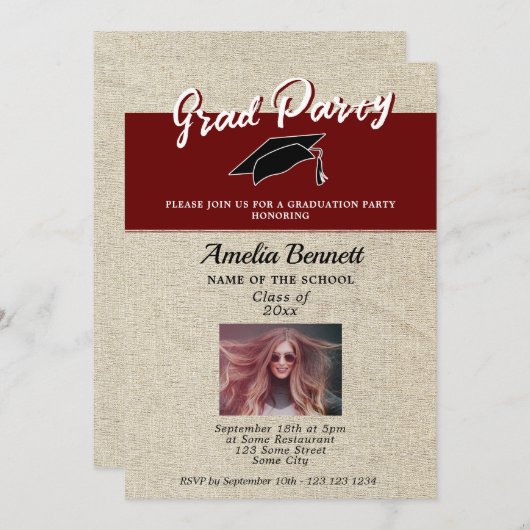 Rustikales Red Graduate Cap Graduation Party Foto Einladung (Vorne/Hinten)