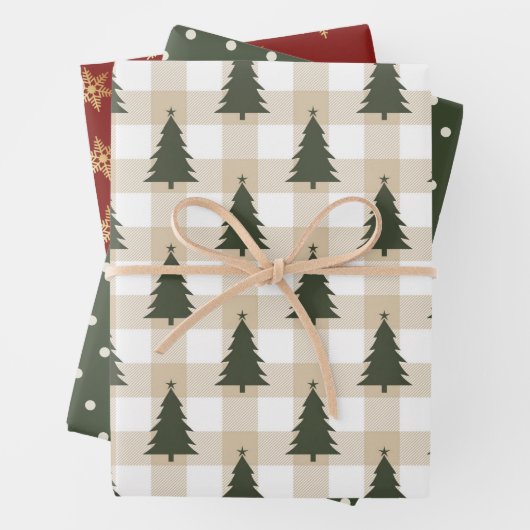 Rustikales Red Green Snowflake Weihnachtsbaum Wrap Geschenkpapier Set (Beispiel)