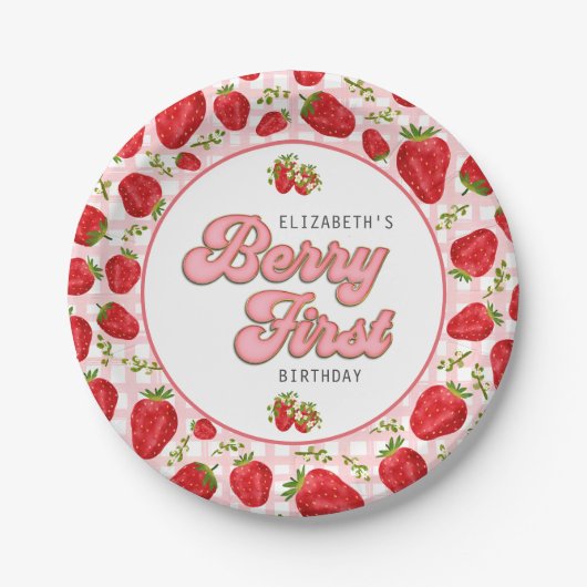 Rustikales Red Strawberry Pattern Girl Berry First Pappteller (Vorderseite)