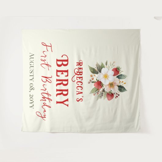 Rustikales Red Strawberry Theme Berry First Birthd Wandteppich (Vorderseite (Horizontal))