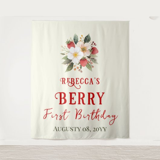 Rustikales Red Strawberry Theme Berry First Birthd Wandteppich (Vorderseite)