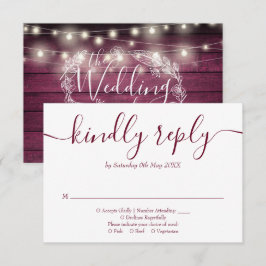 Rustikales Red Wood String Lights Blumenskript RSVP Karte