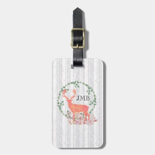 Rustikales Reindeer Boho Wasserfarben-Monogramm Gepäckanhänger (Vorderseite vertikal)
