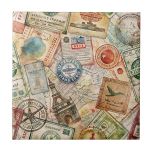 Rustikales Reisepass-Stempel-Reisemuster (5) Fliese
