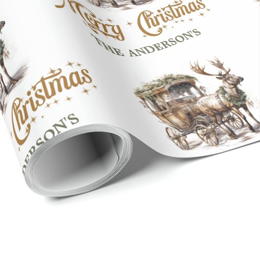 Rustikales Rentier- und Schlittengrün und goldener Geschenkpapier (Rolleneckpunkt)