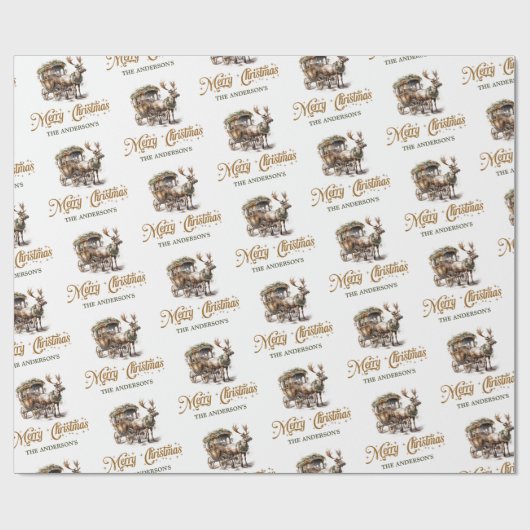 Rustikales Rentier- und Schlittengrün und goldener Geschenkpapier (Flach)