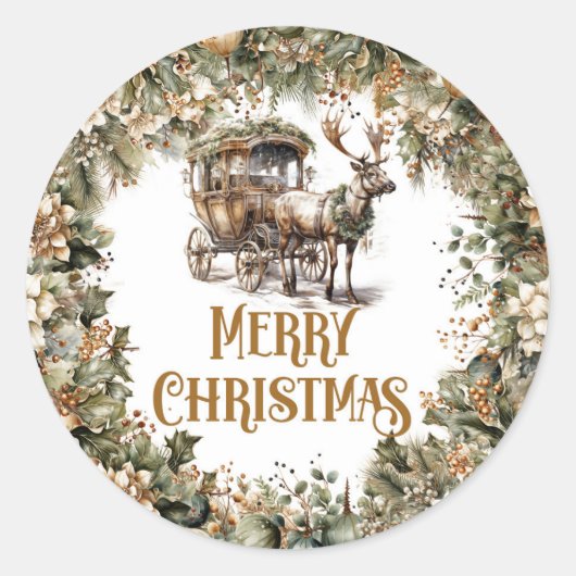 Rustikales Rentier- und Schlittengrün und goldener Runder Aufkleber (Vorderseite)