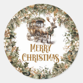 Rustikales Rentier- und Schlittengrün und goldener Runder Aufkleber