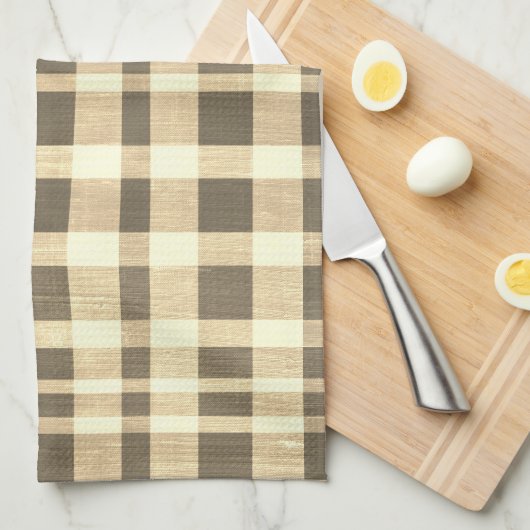 Rustikales Retro Beige Braun Texturiertes Karierte Geschirrtuch (Viertel Falte)
