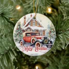 Rustikales Retroauto und Weihnachtshaus Keramik Ornament