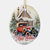 Rustikales Retroauto und Weihnachtshaus Keramik Ornament (Rechts)