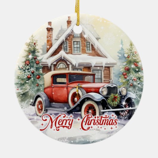 Rustikales Retroauto und Weihnachtshaus Keramik Ornament (Hinten)