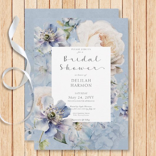 Rustikales Romantisches Blau-Weiß-Brautparty Einladung