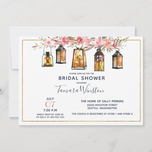 Rustikales Romantisches Laternen Rose Gold Brautpa Einladung (Vorderseite)