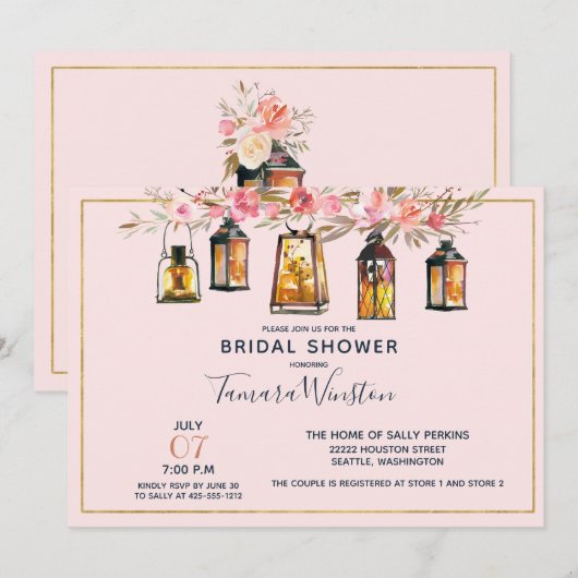 Rustikales Romantisches Laternen Rose Gold Brautpa Einladung (Vorne/Hinten)