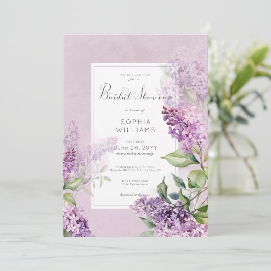 Rustikales Romantisches Lila & Sage Lilacs Brautpa Einladung (Stehend Vorderseite)