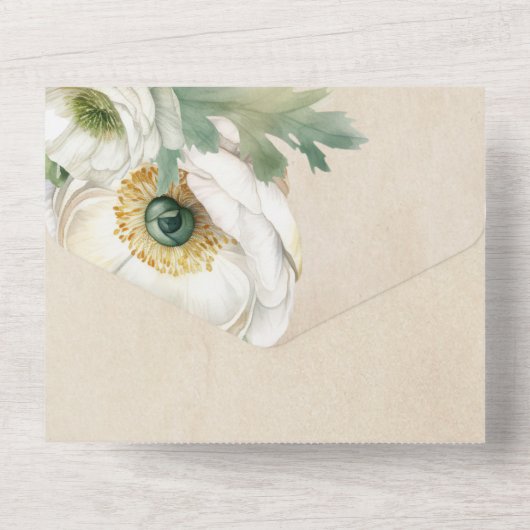 Rustikales, romantisches Weißes Ranunculus All In One Einladung (Rückseite)