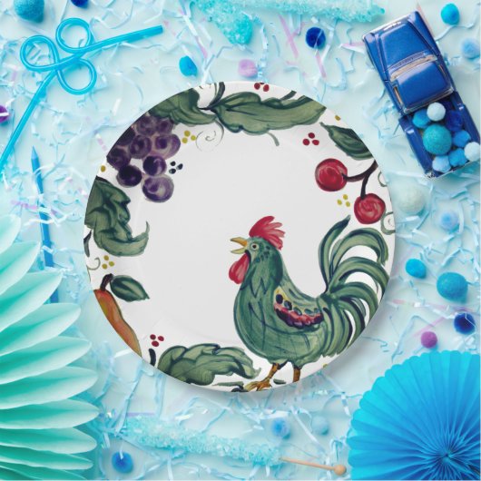 Rustikales Rooster & Frucht buntes toskanisches Ba Pappteller (Party)