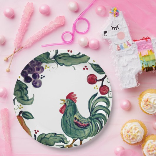 Rustikales Rooster & Frucht buntes toskanisches Ba Pappteller (Party)