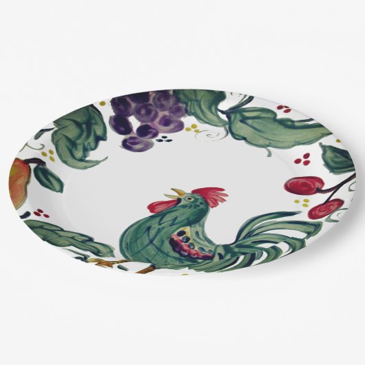 Rustikales Rooster & Frucht buntes toskanisches Ba Pappteller (Schrägansicht)